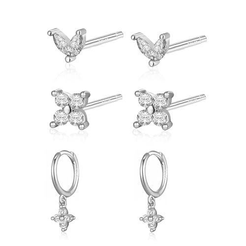 Seleneva Juego de 3 pares de aretes de aro de plata de ley 925 para mujeres y niñas, adecuados para uso diario, juego de aretes de aro pequeños para múltiples piercings, talla única, Plata, Sin piedra