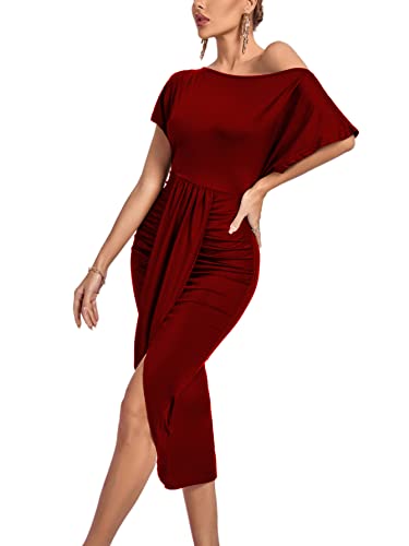 LYANER Women's One Off The Shoulder Ruched Wrap Front Split Hem Draped Party Midi Dress4