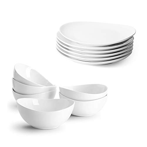 Sweese Porcelain Dinner Plates - 11 Inch And Cereal Bowls - 18 Ounce, Set Of 6, White #TOP21