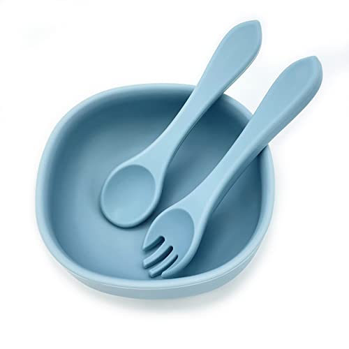 Eco Health Bol en silicone pour bébé - Ensemble de sevrage de bébé, livré avec fourchette et cuillère, pour nourrir bébé et enfant (bleu, bol) Cover