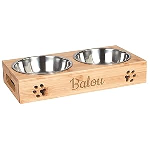 Futterstation mit Name Personalisiert für Hunde – Natur | 31x15x6 cm – Futternapf & Wassernapf Hund | 2 Edelstahl Fressnäpfe als Hundezubehör x 0,35L | Fressnapf mit Gravur | Hundenapf erhöht