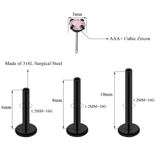 16G 18G 20G Threadless Push in Lip Ring for Women Men Black Stainless Steel CZ Top Labret Stud Jewelry for Nose Tragus Helix Cartilage Monroe Piercing Jewelry 6mm 8mm 10mm2