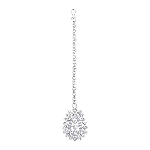 Image of Atasi International Silver Plated White Crystals American Diamonds Stylish Necklace Set with Earrings and Maang Tikka for Women and Girls | Stylish Jewellery for Party, Wedding and Festive Occasions (R6152)