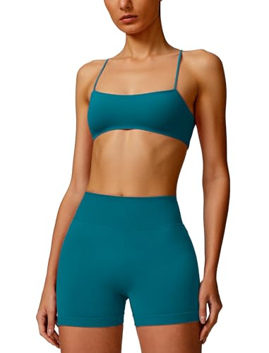 OMEWEE Workout sets for women 2 piece:Spaghetti Straps BacklessTop Bra and Anti-squat shorts for yoga Lake blue M