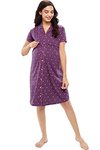 Image of ZEYO Women's Cotton Night Dress Heart Printed Maternity & Feeding Short Nighty Night Gown Shirt 5635
