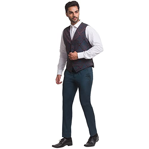 Image of Park Avenue Men's Super Slim Fit Terry Rayon Blend Peak Lapel Jacquard Pattern Full Sleeve Dark Blue Ceremonial Suit
