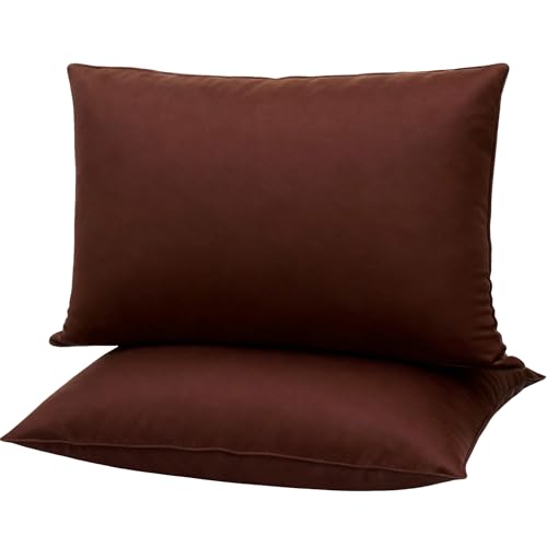 Image of Flat Ultra Thin Bed Pillows Standard Size Pillow Set of 2 Extra Soft Down Alternative for Stomach Back Sleeper Coffee Brown 20x26inches