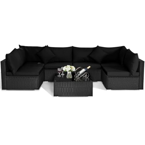 Image of DEVOKO 6 Seater Black Wicker Rattan All Weather Furniture with Glass Top Table for Outdoor, Indoor, Garden, Patio, Pool, Terrace