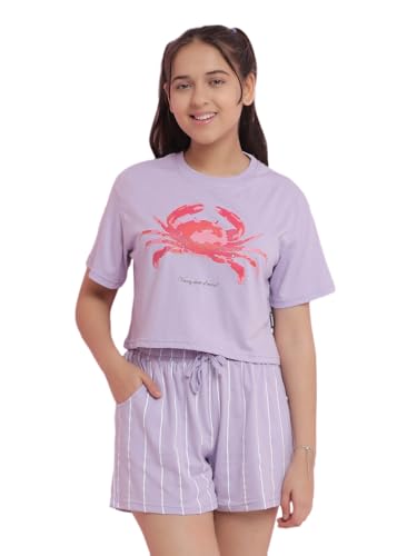 Lil Tomatoes Girls Half Sleeve Cotton Night Suits, 15-16 Years, Lilac