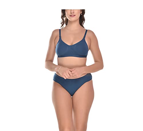 Image of Elina Women's Full Coverage Non Padded with Detachable Strap Cotton Hosiery Bra and Panty Set (Lovia Set)