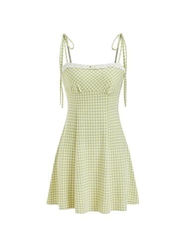 Image of CIDER Womens Summer Gingham Dress Plaid Tie Spaghetti Strap Sleeveless Lace Trim Cute A Line Casual Mini Dresses Sundress