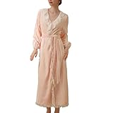 Homgro Albornoz largo de felpa para mujer, cuello en V, encaje suave, lindo volantes, invierno, salón, baño, spa, hotel, jacuzzi, albornoz maxi, Rosa claro, S
