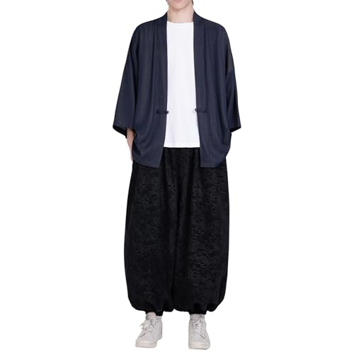 Image of PRIJOUHE Men's Kimono Jackets Cardigan Casual Cotton Blends Linen Seven Sleeve Open Front Embroidery Coat
