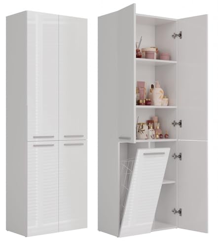 ADGO Badkamerkast met 1 wasmand, hoge badkamerkast, hoge kast, plank, ingebouwde wasmand, wasmand, waszak, vrijstaand (glanzend wit/fronten)