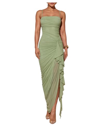 Milumia Womens Ruched Ruffle Mesh Cami Dress Split Thigh Bodycon Long Cocktail Dresses Green Large