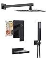 HoliSpa Black Tub Shower System, All Metal Tub Shower Faucet Set with 12" Rain Shower Head and Handheld Spray combo, Wall Mounted Shower Systems with Tub Spout, Valve and Trim Kit, Matte Black