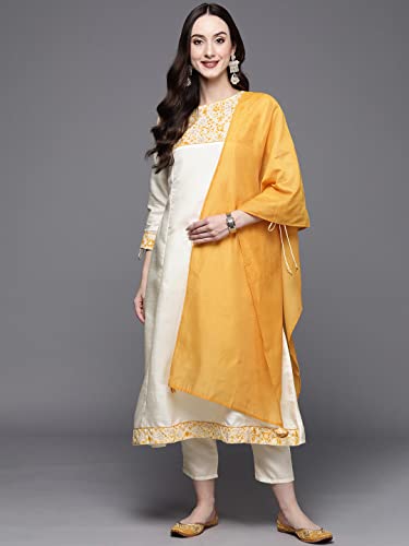 Image of INDO ERA Women's Pure Cotton Floral Printed A-line Kurta Palazzo with Dupatta Set (ERERE2455 Off White XS to 2XL-Size)