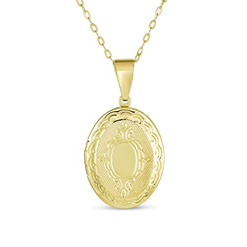 Bling Jewelry Personalized Vintage Antique Style Etched Leaf Scroll Holds Two Memory Photo Picture Oval Locket For Women 18K Gold Plated Customizable Pendant Necklace #TOP29