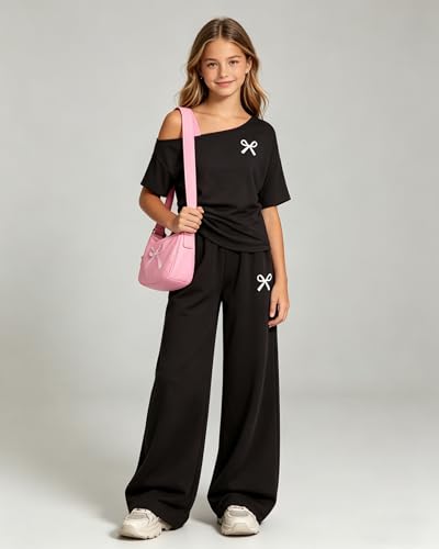 Image of Teen Girls Clothes Off the Shoulder Top and Wide Leg Pants Matching Outfit Set with Pockets Size 7-16