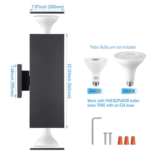 Image of LEONLITE 2-Pack 22 inch Outdoor Rectangular Wall Light, Up and Down, E26 Base | Modern Porch Patio Lights, Waterproof Wall Sconce, Exterior Light Fixture Wall Mount, Aluminum, Matte Black, ETL Listed
