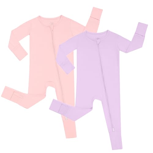 Image of JunNeng Rayon from Bamboo Baby Boy Pajamas, 2 Way Zipper Sleeper Romper with Fold Over Mittens, Non Slip Sleep'N Play Clothes L Pink+L Purple 0-3 Months