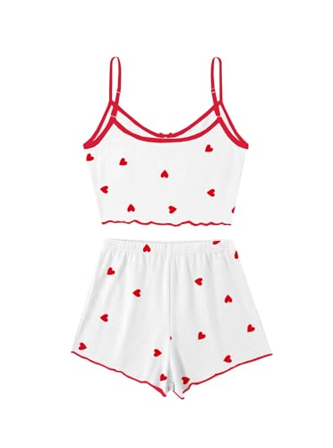 Image of Hilinker Women's 2 Piece Heart Pajama Set Ribbed Cami Top and Shorts Sleepwear Cute Pjs White Red Heart B Medium