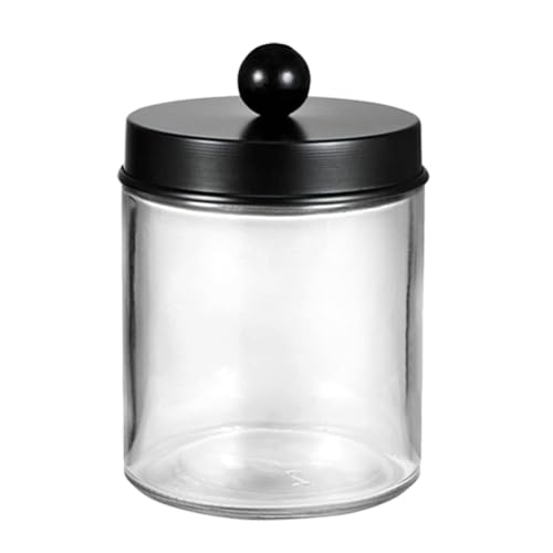 280ml/9.3oz Transparent Glass Vanity Canister Jar With Black Stainless Steel Lid Cotton Buds Dispenser Holder Bathroom Organizers Storage Container for Bath Salts Cotton Swabs Makeup Sponges