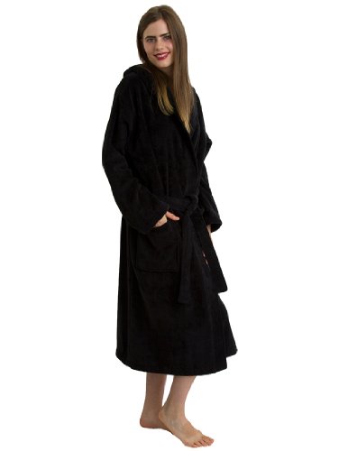 TowelSelections Women's Robe, Hooded Terry Velour Cotton Bathrobe Medium/Large Black