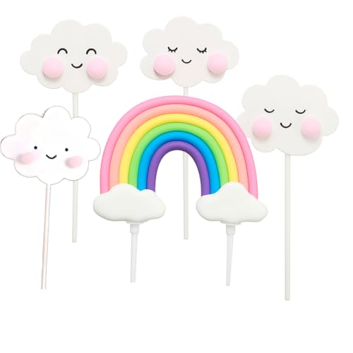 Rainbow Cake Topper Set – 5 Pcs Cute Pink Rainbow Cake Decorations for Girls Birthday Baby Shower Wedding Party Supplies – Colourful Cake Toppers for Girls and Kids Celebration