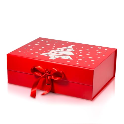 Premium Christmas Magnetic Gift Box Luxury Red Xmas Hamper Box with Gold Foil Xmas Tree Design & Red Ribbon (23.5 × 17 × 10 cm) Strong Magnetic Lid Reusable Gift Box for Presents & Stocking Fillers