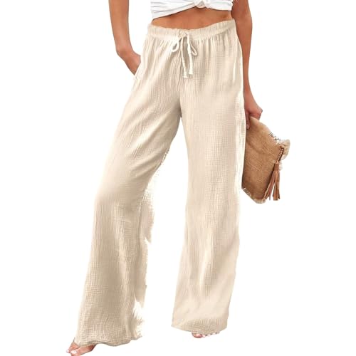 Wide Leg Linen Pant Woman Summer Beach Drawstring Elastic High Waist Palazzo Pant Cotton Linen Trousers with Pockets3