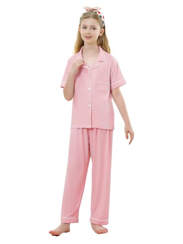 Umeyda Girls Pajamas Set Soft Short Sleeve Button-Down Sleepwea Nightwear 3Pjs Set Loungewear, 5-14 Years4