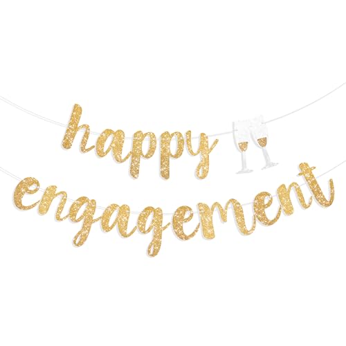 Gold Glitter Happy Engagement Party Banner - Wedding and Bachelorette Decorations