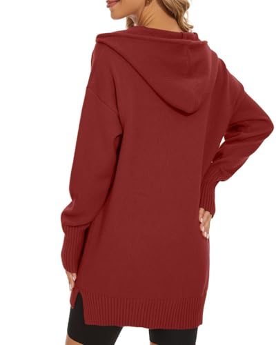 Image of Women's Hooded Sweater Loose Half Zip Drawstring Pullover Sweatshirt Top Casual Long Sleeve Side Slit Knit Hoodie