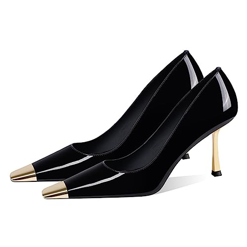 FOWT Women Metal Sqaure Cap Toe Pumps Slip on Gold Stiletto High Heels Party Dating Formal Wear Shoes Size 4-16 US2