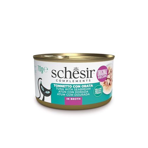 Schesir Atún con besugo en gelatina - Comida húmeda para gatos en latas, 100% natural, con vitaminas añadidas, 12 x 70 g