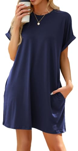 MEDUOLA Mujer Vestido Casual de Manga Corta Vestido de Camiseta con Bolsillos Vestido Suelto Color Sólido para Verano S,Azul Marino