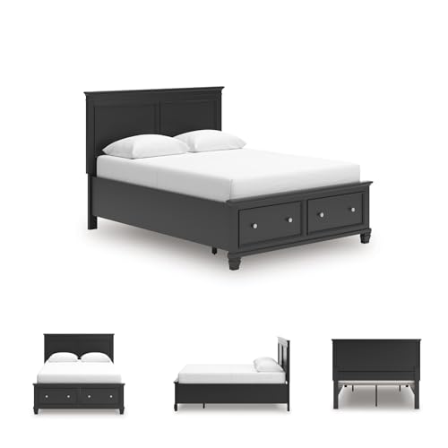 Image of Signature Design by Ashley Queen Bed Frame with Storage, Black | Platform bed with extra-deep front drawers, Hardwood solids, birch veneer and MDF substrate construction, Lanolee Series