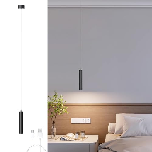 ACMHNC Battery Pendant Light, USB Rechargeable Hanging Ceiling Lights Touch Dimmable, Modern LED Wireless Pendant Ceiling Light for Bedside Bedroom Sofa Corner, No Wire, Black, 5W