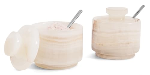 Salt Cellar with Lid and Spoon 3" Inch White Onyx Salt and Pepper Dish, Marble Sugar and Salt Bowls, Ideal for Halloween Table Decor and Kitchen Countertop Storage