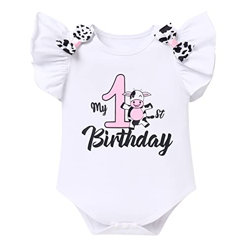 Cow Themed First Birthday Girl Outfit Romper Tutu Skirt Headband Cake Smash Photoshoot Toddler Baby Cows Print My 1St Birthday Outfit Farm Animals Party Supplies Infant Halloween Costume Pink 1T #TOP1