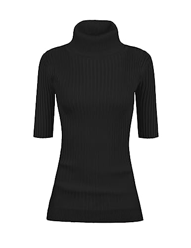 v28 Women Turtleneck 1/2 Half Sleeve Highly Stretchy Ribbed Knit Fitted Sweater