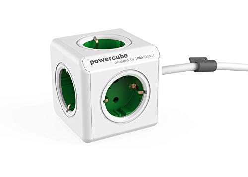 allocacoc PowerCube Extended, Ladrón multiple con 5 enchufes en forma de cubo (blanco y verde)