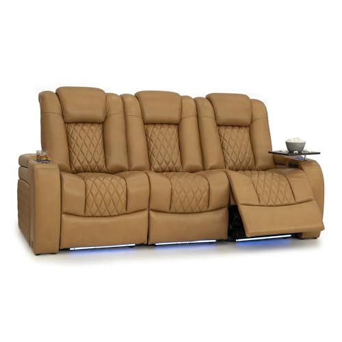 Image of Seatcraft Diamante Tan Oak Italian Leather Home Theater Seating, Zero Gravity Power Recliner Gaming and Home Office Chair, Powered Headrest Lounge Sofa Furniture for Cinema Room, Row of 3 Sofa