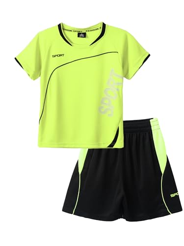 Jowowha Kinder Sport Kleidung Set Jungen Sports Trikots Kurzarm T-Shirt und Shorts Sport Trainingsanzug Fussball Basketball Kleidung Fluorescent Grün 122-128
