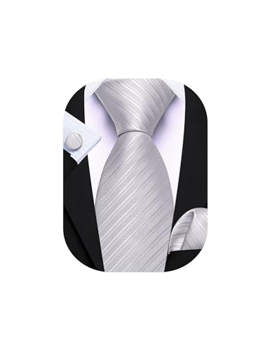 Image of Barry.Wang Solid Striped Tie for Men Silk Necktie Pocket Square Cufflinks Formal Wedding Party Business