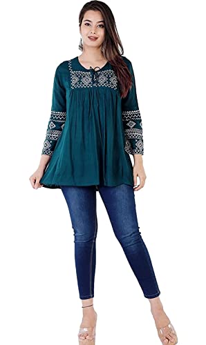 Image of Shiva Fab Short Kurti for Women | Embroidered Straight Rayon Kurta | Round Neck Full Sleeves Short Kurti for Women's