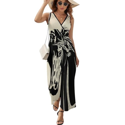 Robe longue d'été sans manches Cheval Noir | Maxi robe col V décontractée plage