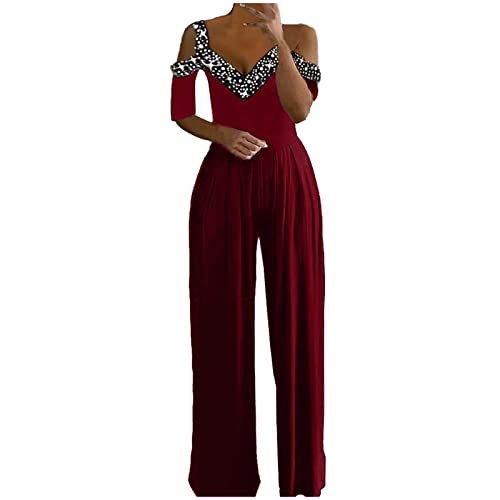 Womens Jumpsuit, Playsuits for Women Uk Dressy Jump Suit Jumpsuits Women Solid Color Print Vest High Waist Slim Wide Leg Pants Jumpsuit Playsuit (Red Xl)