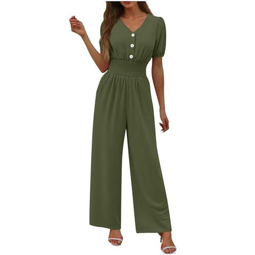 Image of HGps8w Jumpsuits for Women Dressy 2026 Summer Button Front V Neck Puff Sleeve Elegant Wide Leg Pants One Piece Romper